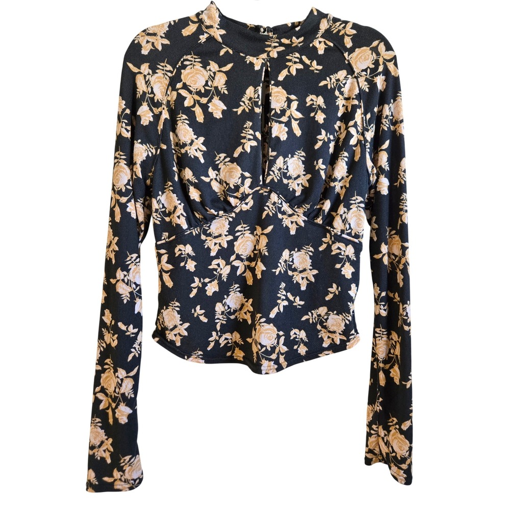 Free People Boho Chic Women's L Black Tan Floral Mock Neck Keyhole Top NWOT